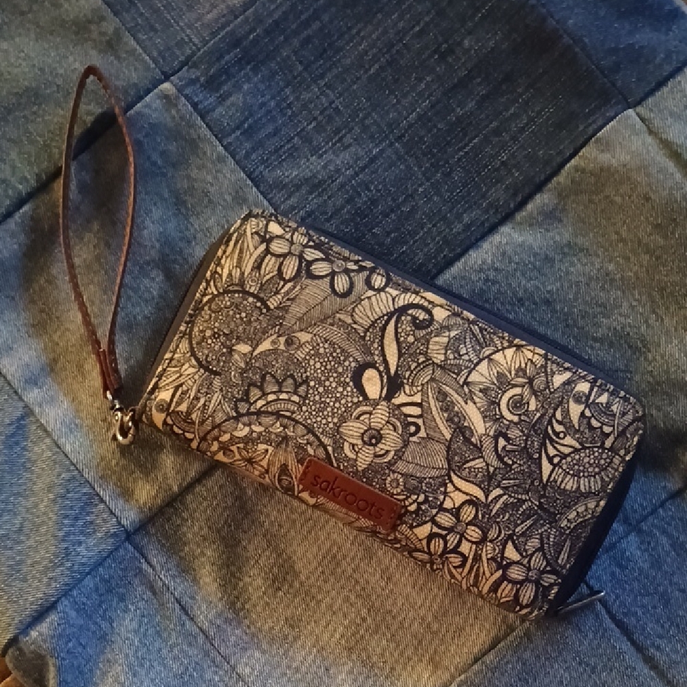 Sakroots Navy Floral Doodle Zip Wristlet with Tan Strap